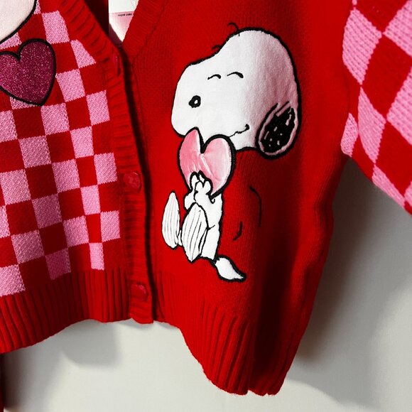 Peanuts Snoopy Valentine's Day Cardigan Sweater V-Neck XTRA-LARGE Red Checker - Picture 7 of 10